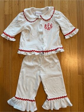 White and Red Trim Girls Pajama Set with Monogram
